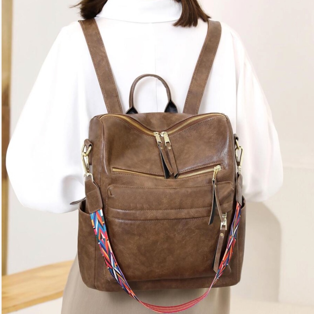 Luxe Vegan Leather Colorful Strap Backpack Shoulder bag - Picture 3 of 14